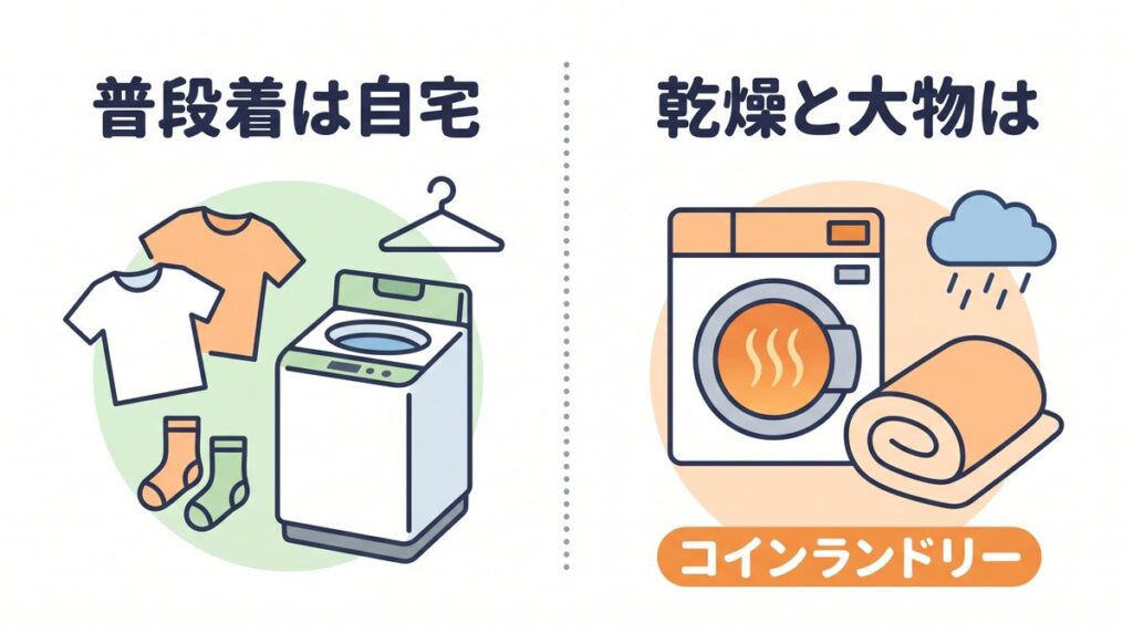 普段の洗濯は自宅、乾燥と大物はコインランドリーという使い分けを左右比較で示した図解