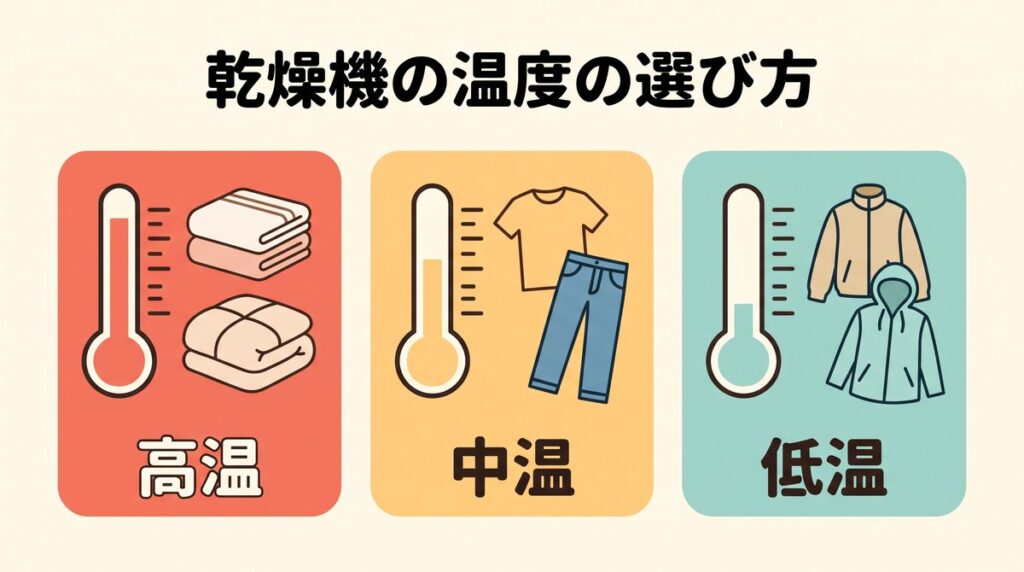 乾燥機の温度設定「高温」「中温」「低温」を、綿タオルと布団、普段着、フリースや化繊のアイコンで3枚のカードに分けて示した図解