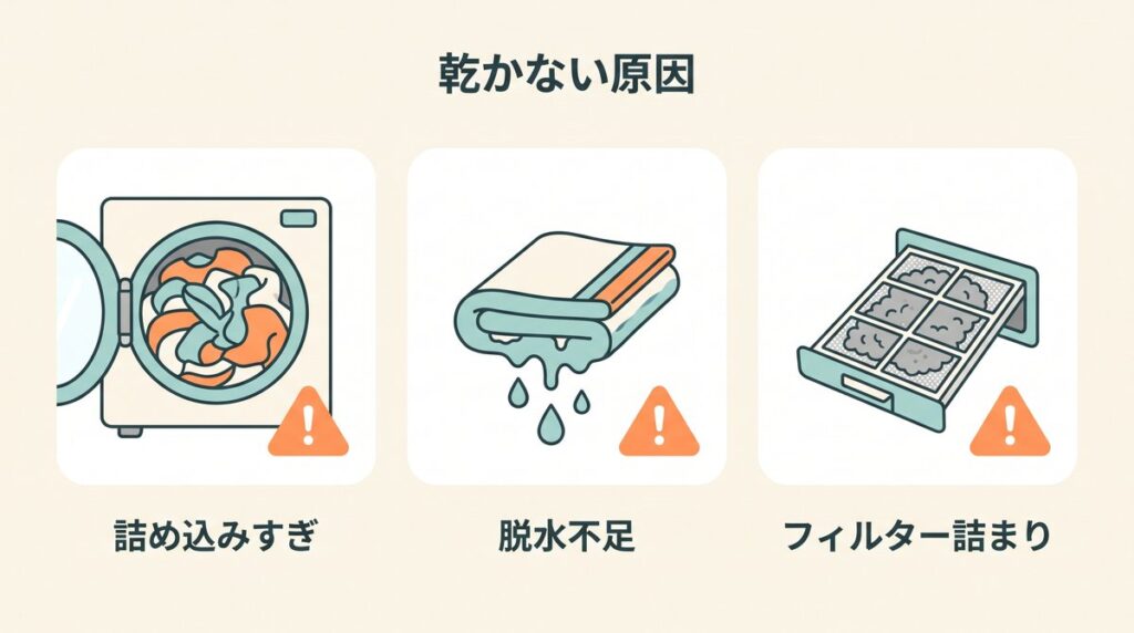 乾かない原因を、詰め込みすぎ・脱水不足・フィルターの詰まりの3枚のカードで示した図解