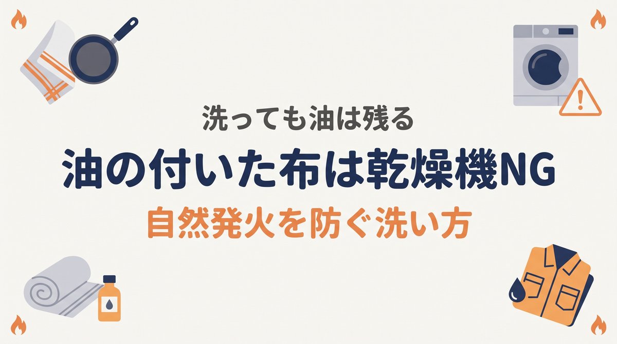 四隅に布巾やタオル、作業着、乾燥機と小さな炎のアイコンを配置し、中央に「油のついた布は乾燥機NG」のタイトルを置いたアイキャッチ