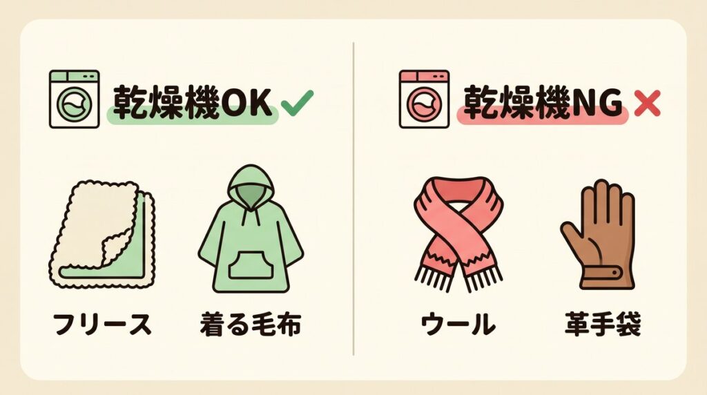乾燥機OKの例としてフリースと着る毛布、乾燥機NGの例としてウール小物と革手袋を左右に並べた比較図