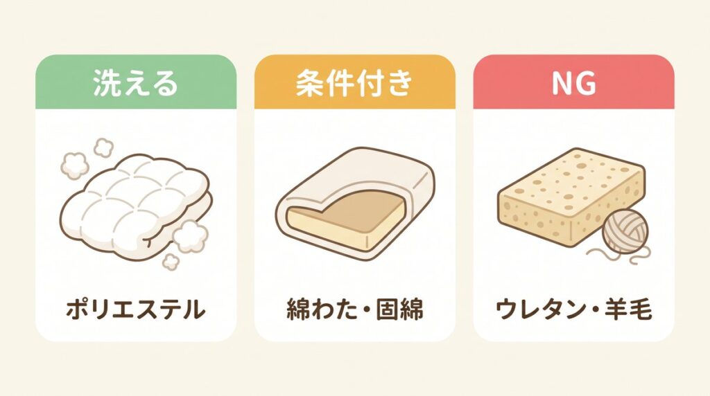 敷布団の中材を、ポリエステルわたは洗える、綿わた・固綿は条件付き、ウレタン・羊毛はNGの3枚のカードで示した図解