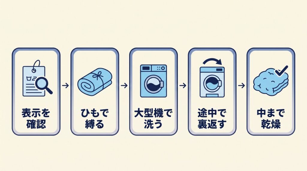 敷布団を洗う手順を、表示確認、ひもで縛る、大型機で洗う、乾燥中に裏返す、中まで乾燥確認の5工程で示したタイムライン図